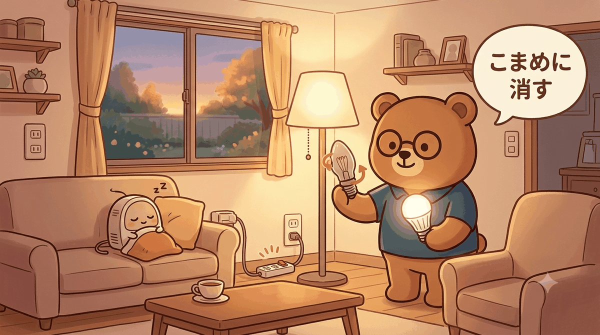 電気代はこまめに消すと節約できるイメージ｜ちちまるが古い電球を新しい電球に替え、家電のスイッチをそっと切るイラスト