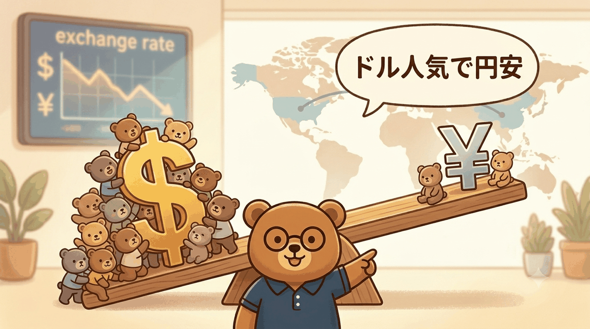 ドルの人気が高まると円安になるイメージ｜シーソーの片方にドルへ集まるクマたちが乗って重く沈み、円の側が軽く持ち上がるのをちちまるが解説するイラスト