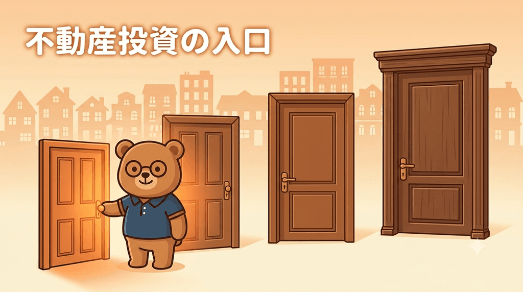 不動産投資の入口のイメージ｜ちちまるが大きさの違う4つの扉のうち一番小さく入りやすい扉の前に立つイラスト