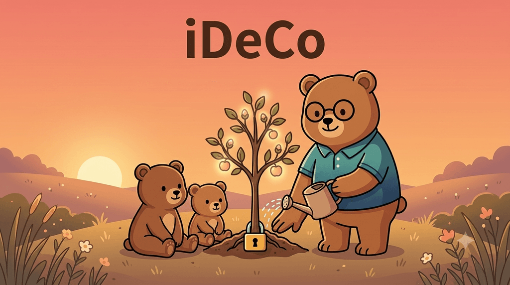 iDeCoのイメージ｜ちちまるが将来のために小さな種をまき、未来へ向けて大切に育てるイラスト