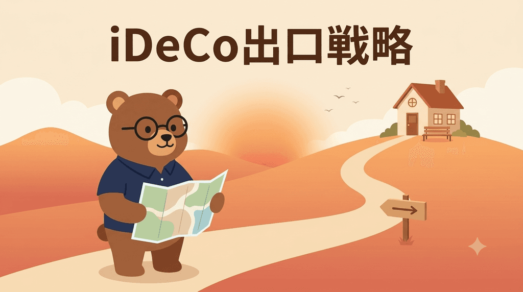 iDeCo出口戦略のイメージ｜ちちまるが受け取り方の分かれ道を案内する道のりのイラスト