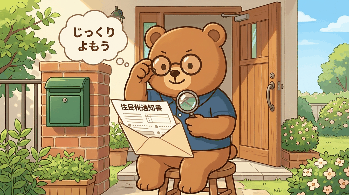 住民税通知書をじっくり読むイメージ｜ちちまるが玄関先で住民税通知書を虫眼鏡で確認するイラスト