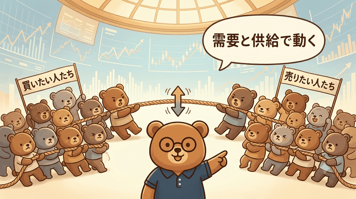 株価は需要と供給で動くイメージ｜買いたい人たちと売りたい人たちが綱引きし、株価の矢印が上下に揺れるのをちちまるが解説するイラスト