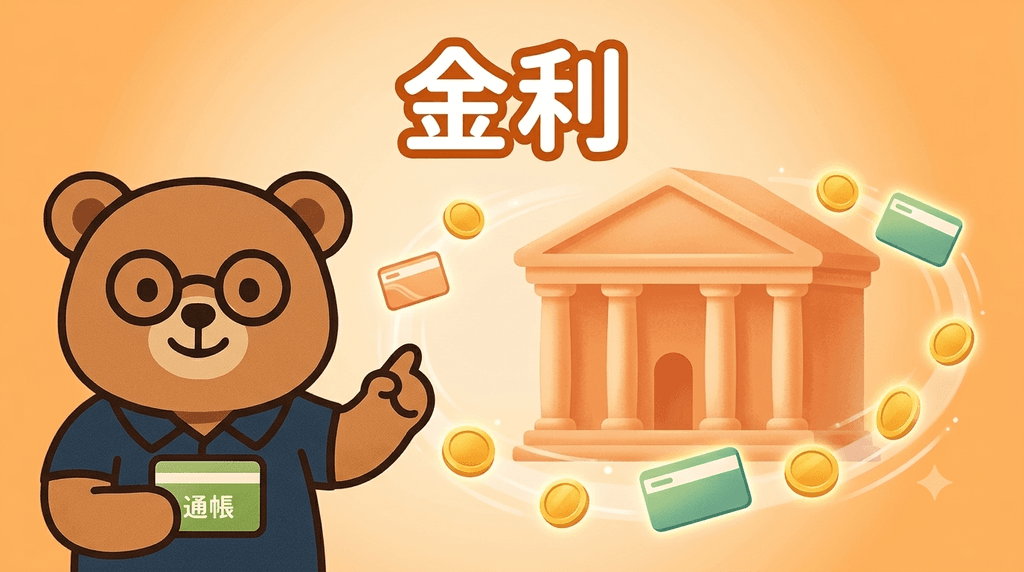 金利のイメージ｜ちちまるが通帳を手に、銀行を通してお金が世の中をめぐる様子を解説するイラスト