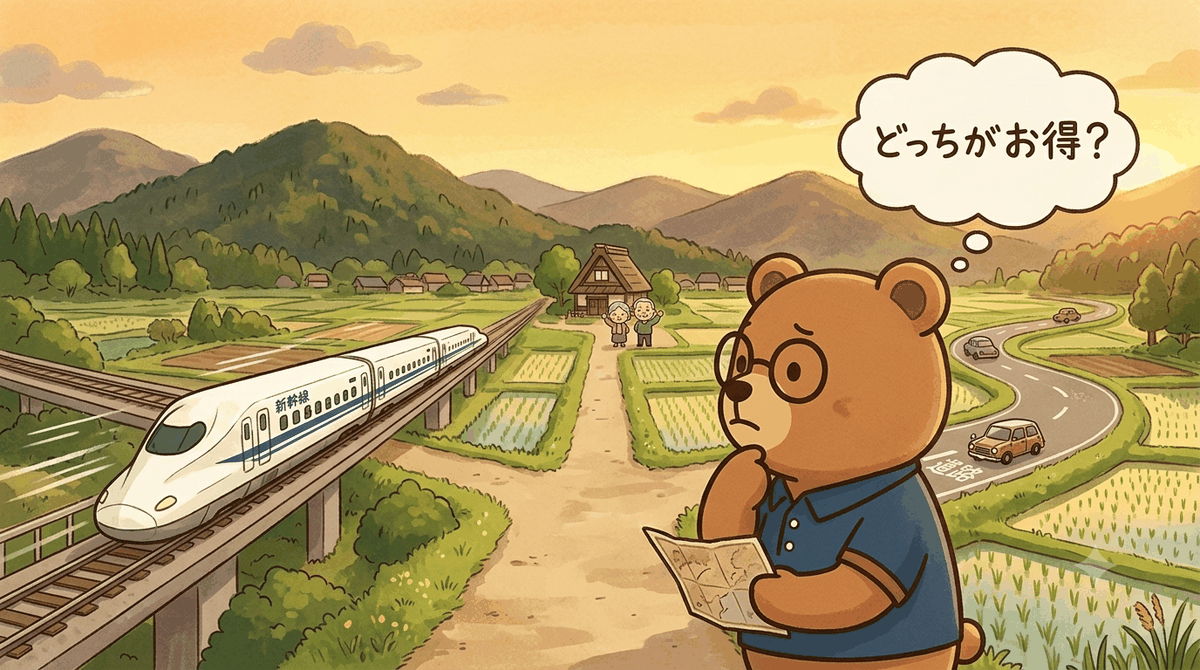 帰省は新幹線か車かを比べるイメージ｜ちちまるが田舎の風景を前に、新幹線と車のどちらがお得か地図を見て考えるイラスト