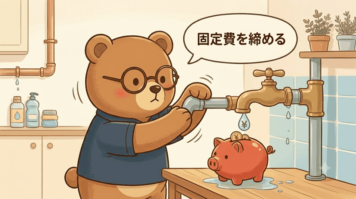 固定費を見直してムダな出費を止めるイメージ｜ちちまるが水道の蛇口を締め、漏れていた¥のしずくが止まって貯金箱にお金が貯まるイラスト