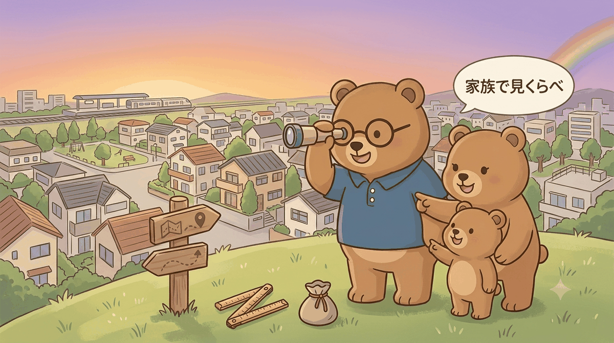 持ち家の物件を家族で見比べるイメージ｜ちちまるが家族と丘の上から住宅街を望遠鏡で眺めるイラスト