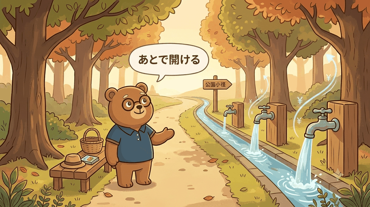 年金繰下げは受け取りを遅らせるほど増えるイメージ｜ちちまるが公園の小径で、待つほど大きく注げる蛇口を選ぶイラスト