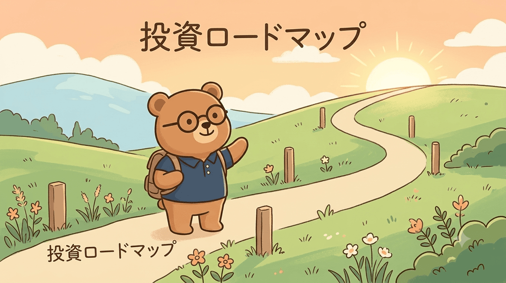 NISA運用の年数別イメージ｜ちちまるが1年目から年数をかけて資産が育っていく道のりを見守るイラスト