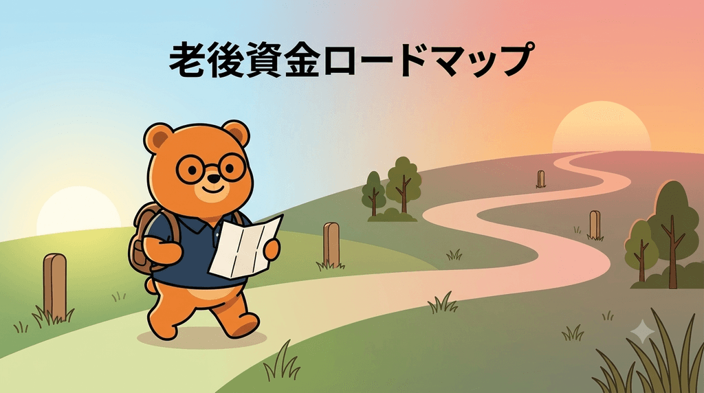 老後資金づくりのイメージ｜ちちまるが年代ごとの道のりを歩んでいくロードマップのイラスト