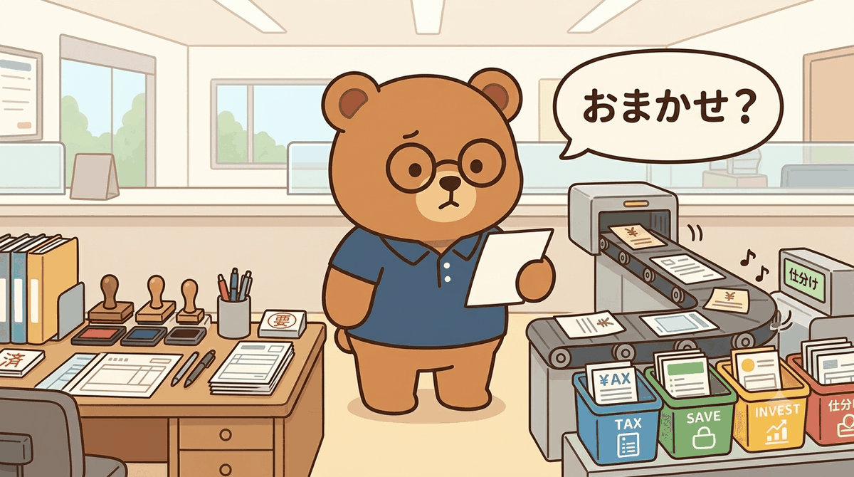 特定口座の源泉徴収あり・なしを選ぶイメージ｜ちちまるが事務所で書類を自動で仕分けるベルトコンベア(源泉あり=おまかせ)を前に申込書を持つイラスト