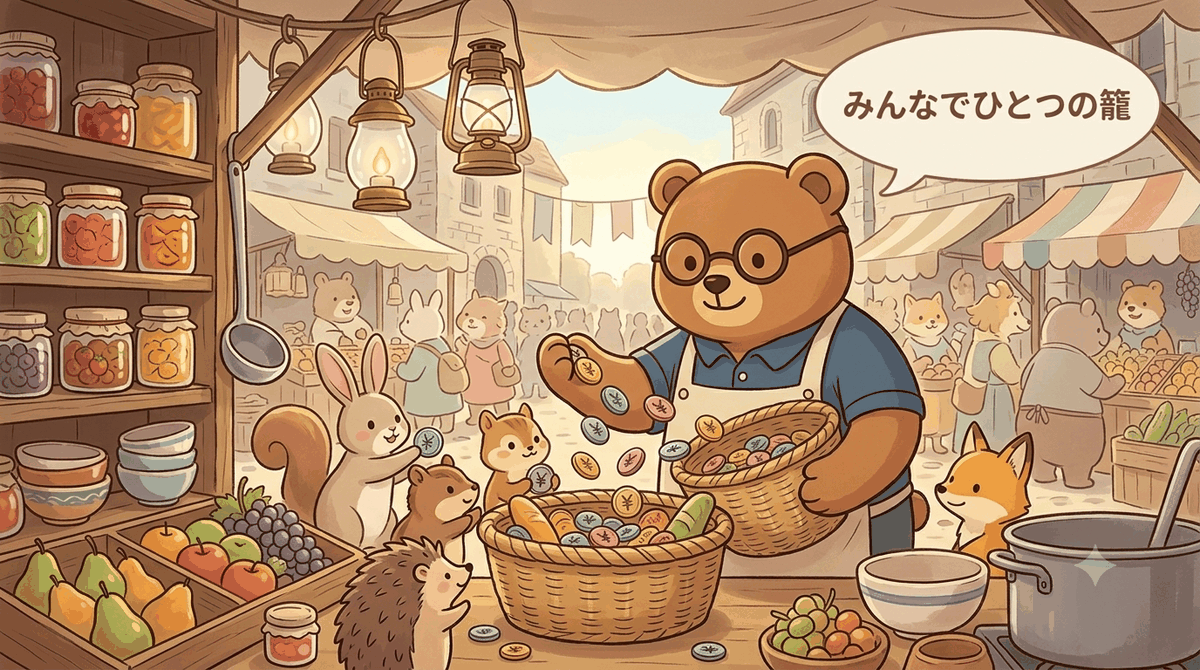 投資信託はみんなのお金を一つにまとめるイメージ｜ちちまるが小動物たちの持ち寄ったコインを大きな籠にまとめる市場の屋台のイラスト