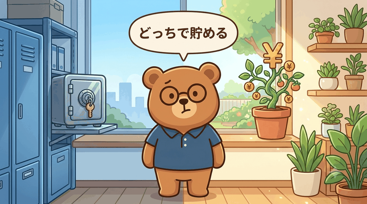 財形貯蓄とNISAの貯め方を比べるイメージ｜ちちまるが確実な金庫(財形)と¥の実が育つ鉢植え(NISA)のどちらにするか考えるイラスト
