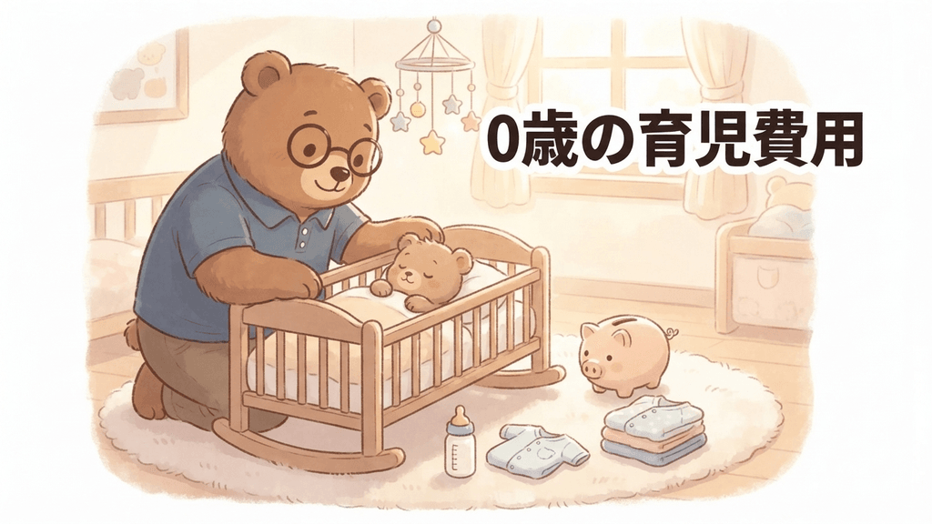 0歳の育児費用イメージ｜ちちまるがゆりかごの赤ちゃん子グマに寄り添い、育児グッズと貯金箱が並ぶイラスト