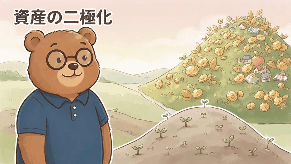 資産の二極化のイメージ｜ちちまるが芽だけのささやかな丘とコインや実がたわわに実った大きな丘を見つめ、広がる格差を示すイラスト
