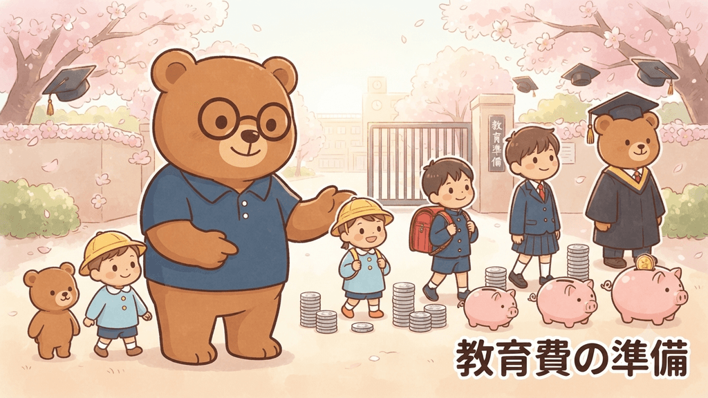 教育費の準備イメージ｜ちちまるが0歳から大学卒業まで成長する子どもと積み上がるコイン・貯金箱を見守るイラスト