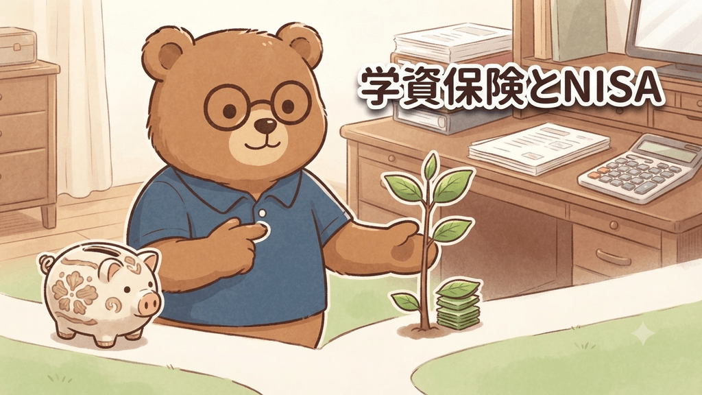 学資保険とNISAのイメージ｜ちちまるが分かれ道で堅い貯金箱（学資保険）と育つ苗木（NISA）のどちらで教育費を貯めるか考えるイラスト
