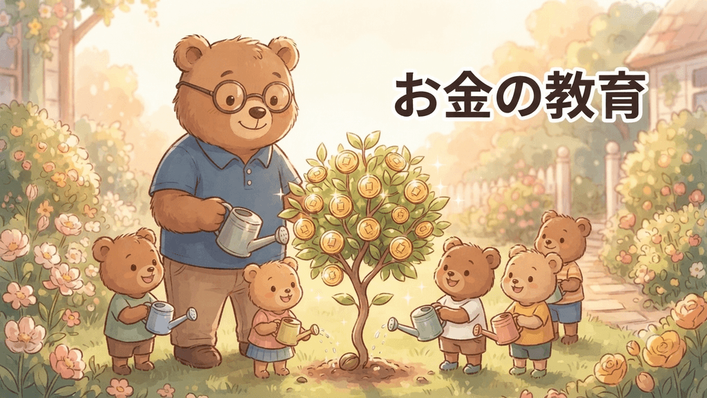 お金の教育のイメージ｜ちちまると子グマたちがコインが実るお金の木に水をやって育てるイラスト