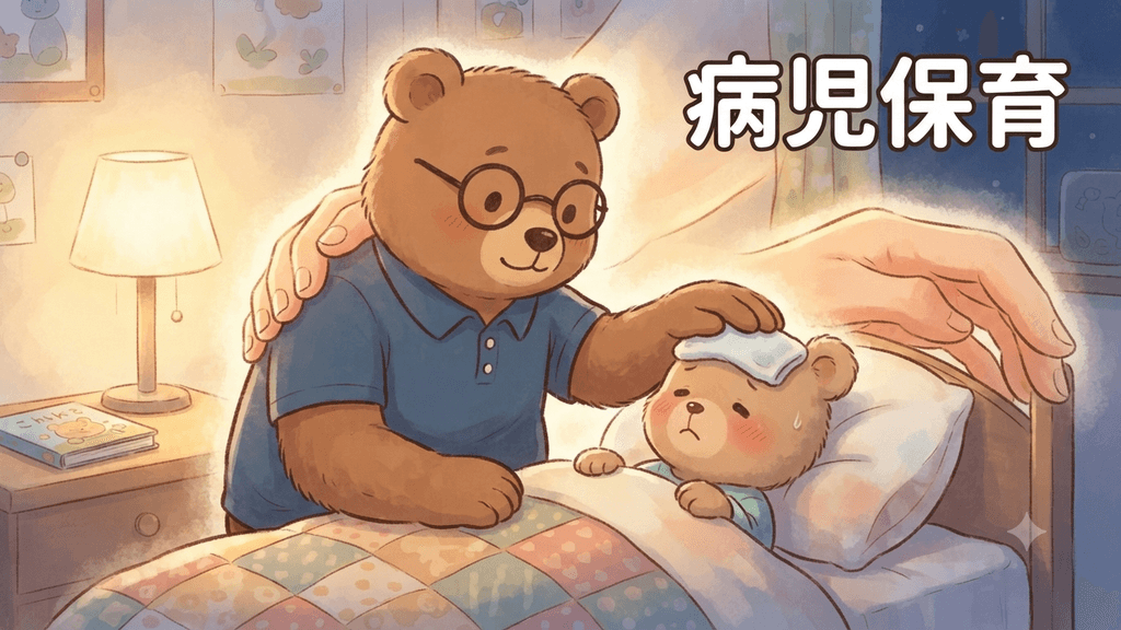 病児保育のイメージ｜熱を出した子グマをちちまるが看病し、背後から社会の支えの手が差しのべられるイラスト