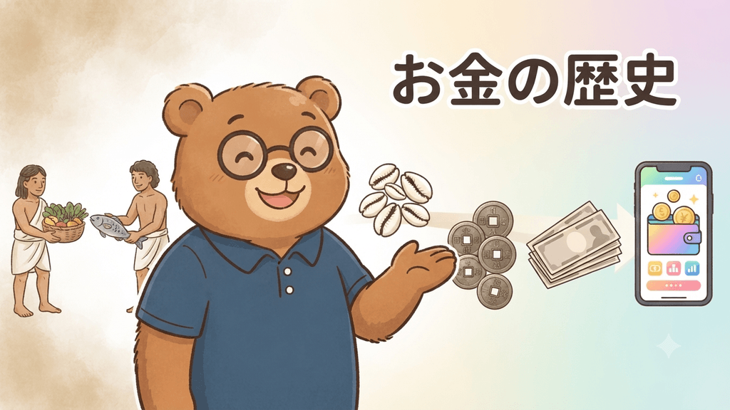 お金の歴史のイメージ｜物々交換から貝・古い硬貨・紙幣・スマホのデジタルマネーへ移り変わる様子をちちまるが案内するイラスト