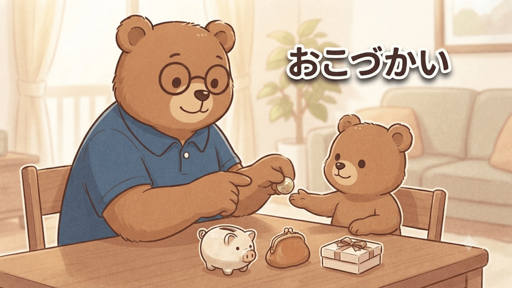 おこづかいのイメージ｜ちちまるが子グマに硬貨を手渡し、貯める・使う・あげるを象徴する3つの入れ物が並ぶイラスト