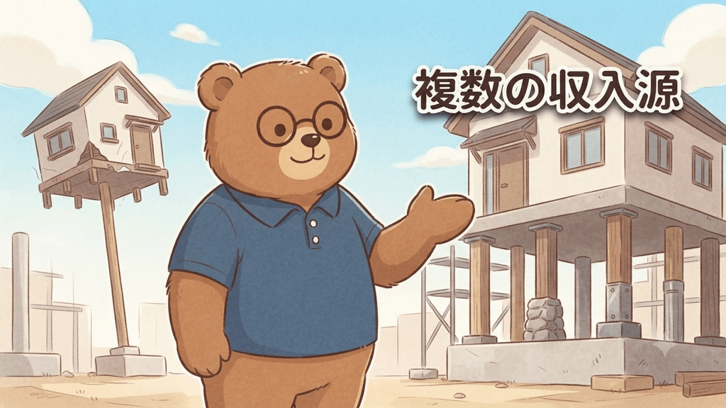 複数の収入源のイメージ｜ちちまるが1本の柱で不安定な家と複数の柱で安定した家を対比し、複数の収入源を持つ安心を示すイラスト