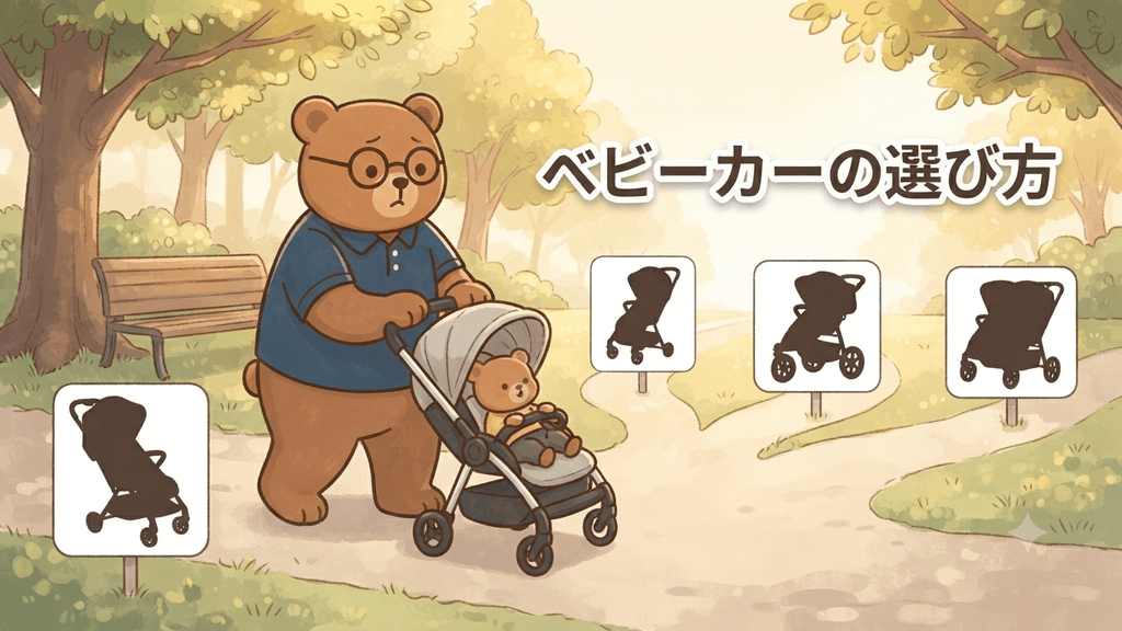 ベビーカーの選び方イメージ｜ちちまるがベビーカーを押して分かれ道で種類を選ぶイラスト