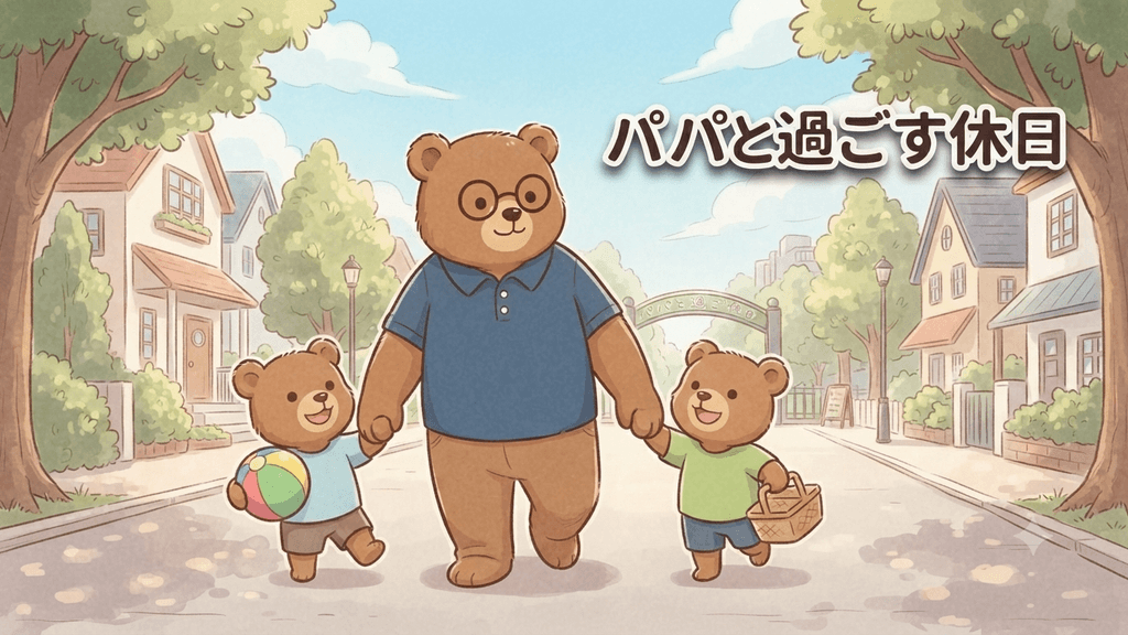 パパと過ごす休日のイメージ｜ちちまるが2匹の子グマと手をつなぎ、ボールやピクニックバッグを持って公園へ向かうイラスト