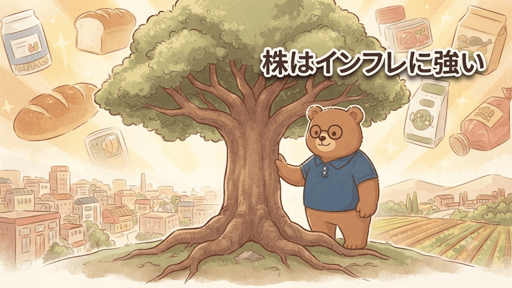 株はインフレに強いイメージ｜ちちまるが物価上昇の中でしっかり育つ大きな木（会社・株）に手を添えるイラスト