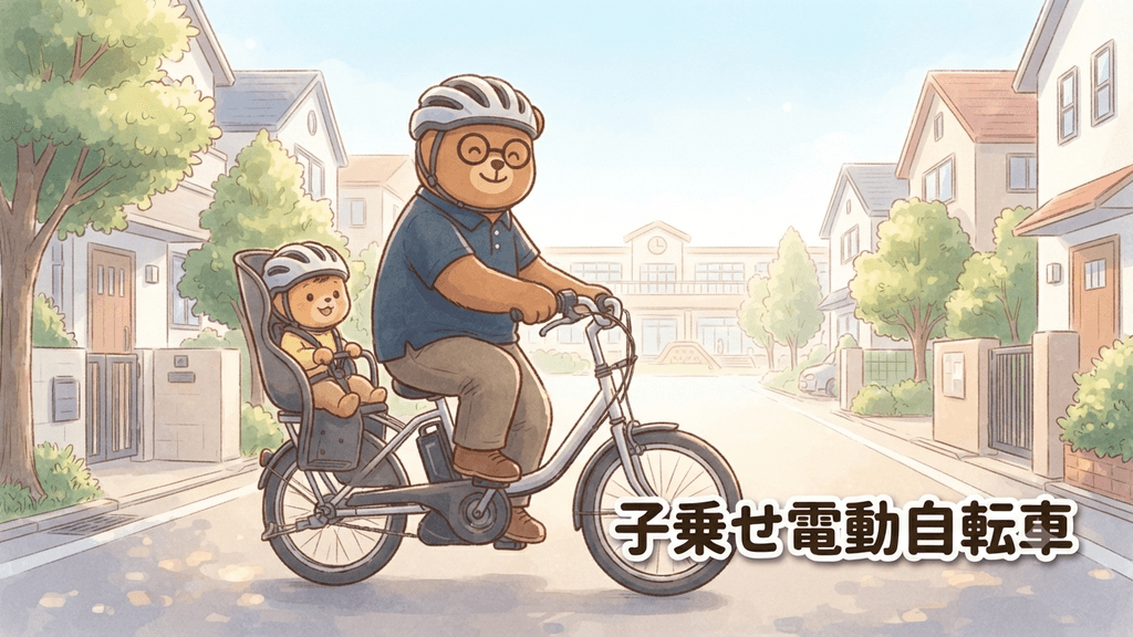 子乗せ電動自転車で保育園へ送り迎えするイメージ｜ちちまるが子グマを後ろの子ども用シートに乗せ、ヘルメットを着けて朝の住宅街を走るイラスト