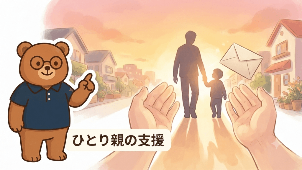 ひとり親家庭に社会からの支えが届くイメージ｜案内役のちちまるが、支える手と封筒に見守られて歩く親子を指し示すイラスト
