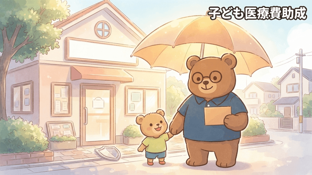 子ども医療費助成で病院代が守られる安心のイメージ｜ちちまるが子グマの手を引いて小児科クリニックの前に立ち、守りを象徴する傘が差しかかるイラスト